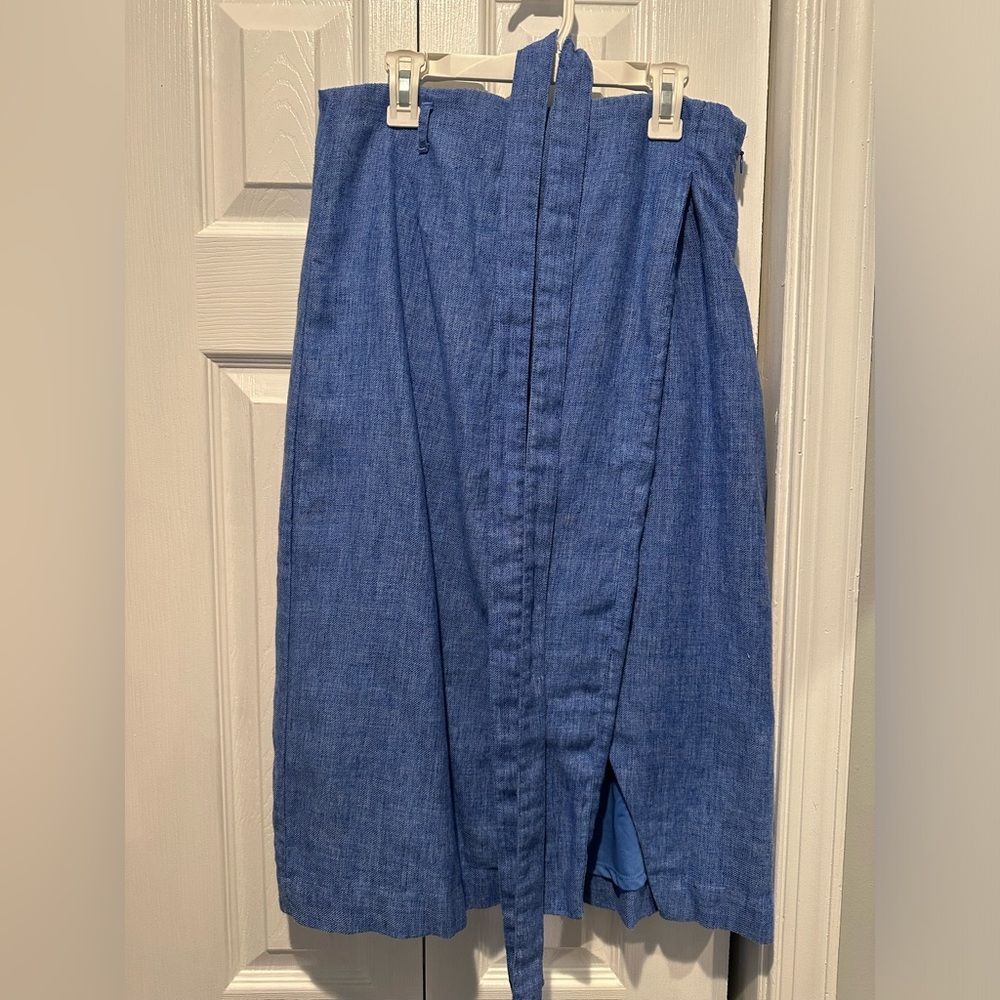 Blue linen midi wrap skirt with belt